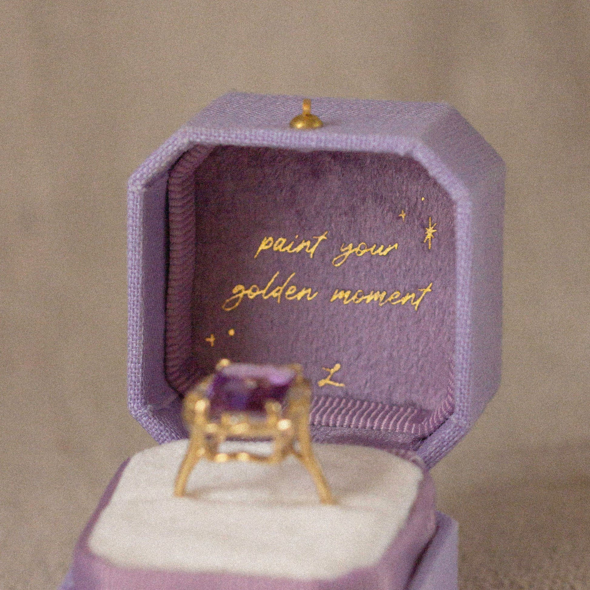 Le Conte Jewelry Amour Ring Box, bespoke, fine jewelry, lavender, vintage, french style, french inspired, proposal ring box, unique jewelry box, paint your golden moment, painter