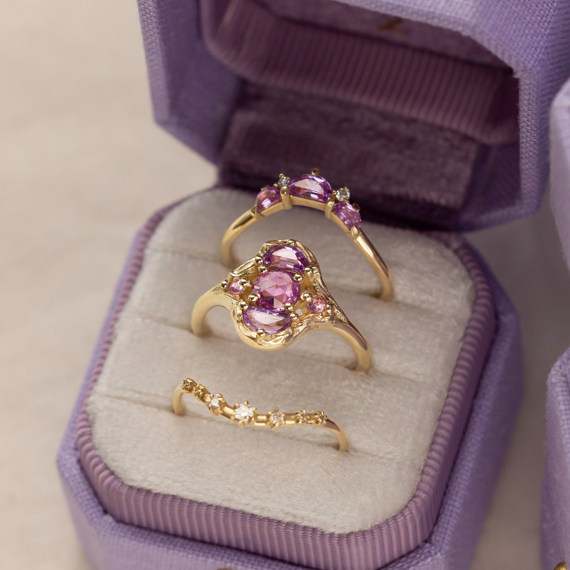 Le Conte Jewelry Amour Ring Box, bespoke, fine jewelry, lavender, vintage, french style, french inspired, proposal ring box, unique jewelry box, paint your golden moment, painter, sapphire ring