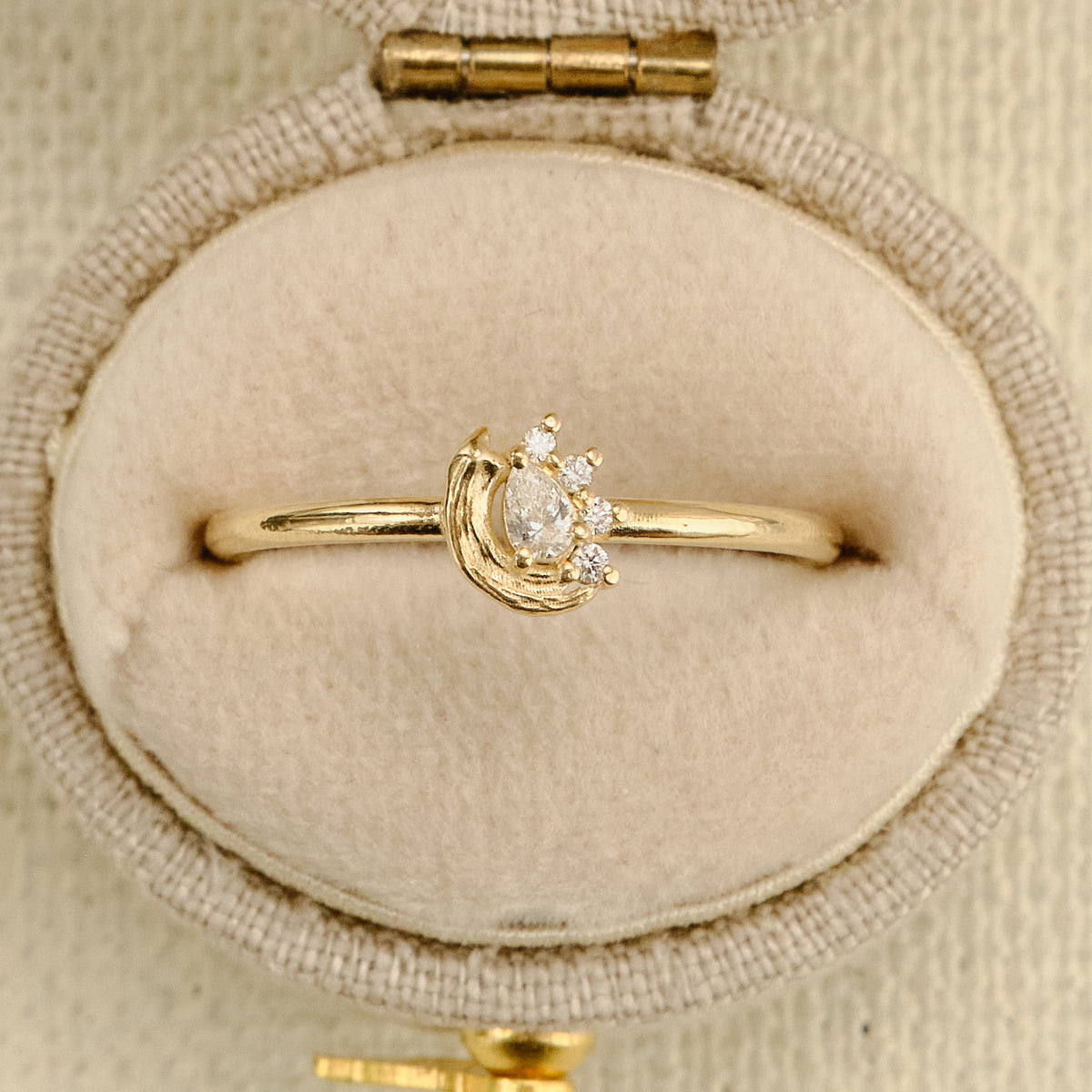 Le Conte Brushed Glimmer ring in 14k yellow gold with a pear-shaped diamond, four round diamond accents, and a curved gold brushstroke, shown in a cream velvet box.